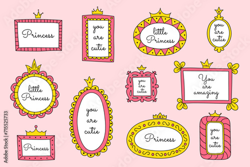 A set of mirror frames with princess crowns. Vector hand drawn doodle elements, frames for little princesses. Cute quotes, borders, pink and yellow colors.