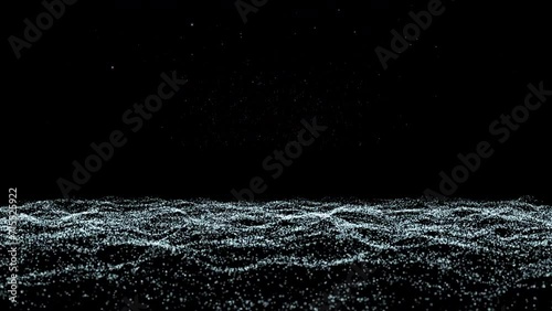 Glitter white and sky blue particles wave and light abstract background. Cyber or technology background. Surface with waves in movement on black background.  photo