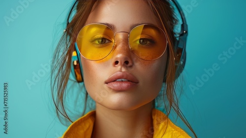 Portrait of a beautiful young girl in yellow sunglasses and headphones. Generative Ai. 
