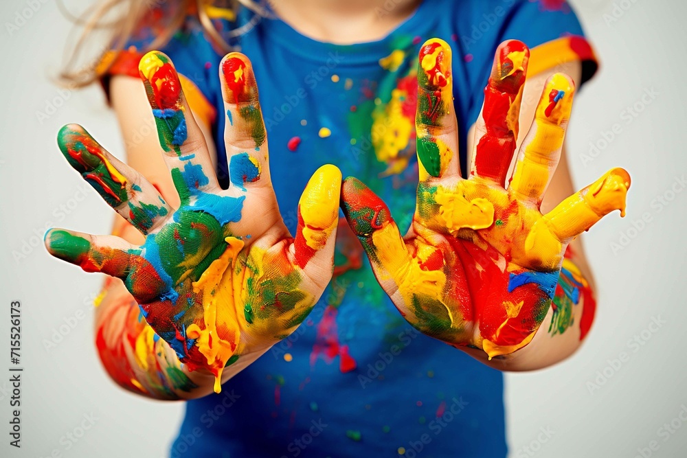 Obraz premium Child showing colourful painted hands, in the style of bright colors, bold shapes, letras y figuras, smilecore, capturing moments, colorist, bright glazes, quantumpunk, white background