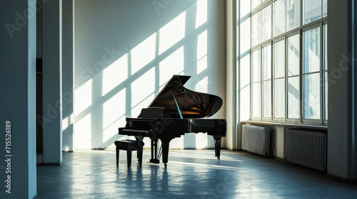 Classic grand black piano in aesthetic minimalist style room interior full of light. Musical concept. Generative AI