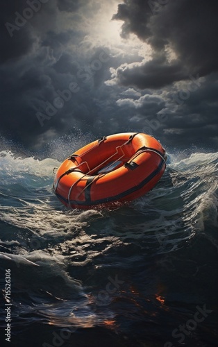 Lifebuoy floating on sea in storm weather. © Yacine