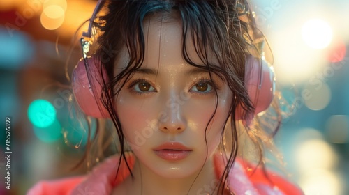 Close up portrait of a beautiful girl with headphones listening to music.. Generative Ai. 