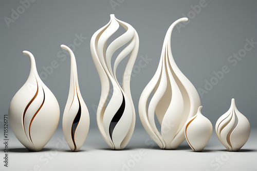 The white beautiful vases on different unordinary shapes on the black background. photo