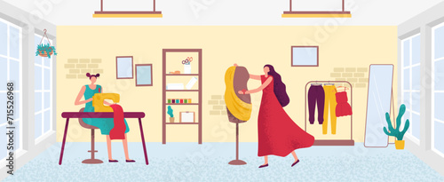 Art studio. Female fashion designer creating modern clothes in workshop. Cartoon workers in atelier making garment on mannequin