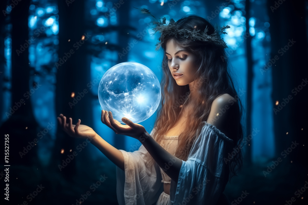 Naklejka premium Beautiful girl on a night with a magic ball. Astrology and Zodiac Concept. Generative Ai.