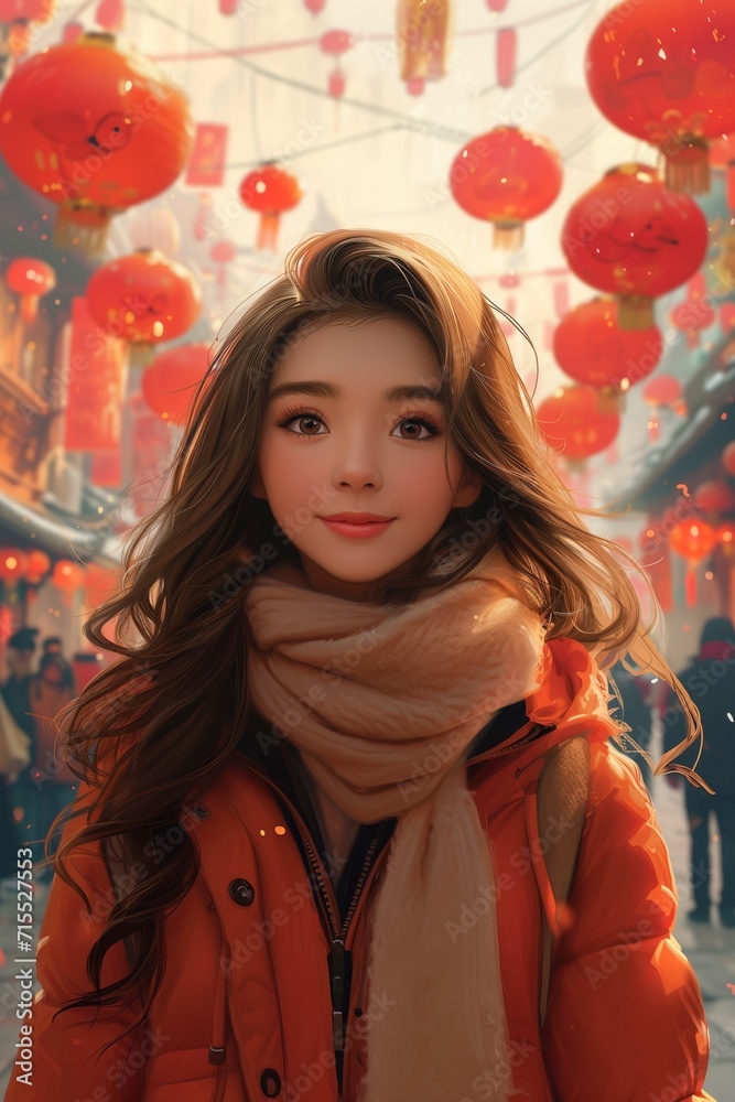 Asian woman in the city, Chinese New Year concept. cartoon style Asian woman in the city, Chinese New Year concept. cartoon style