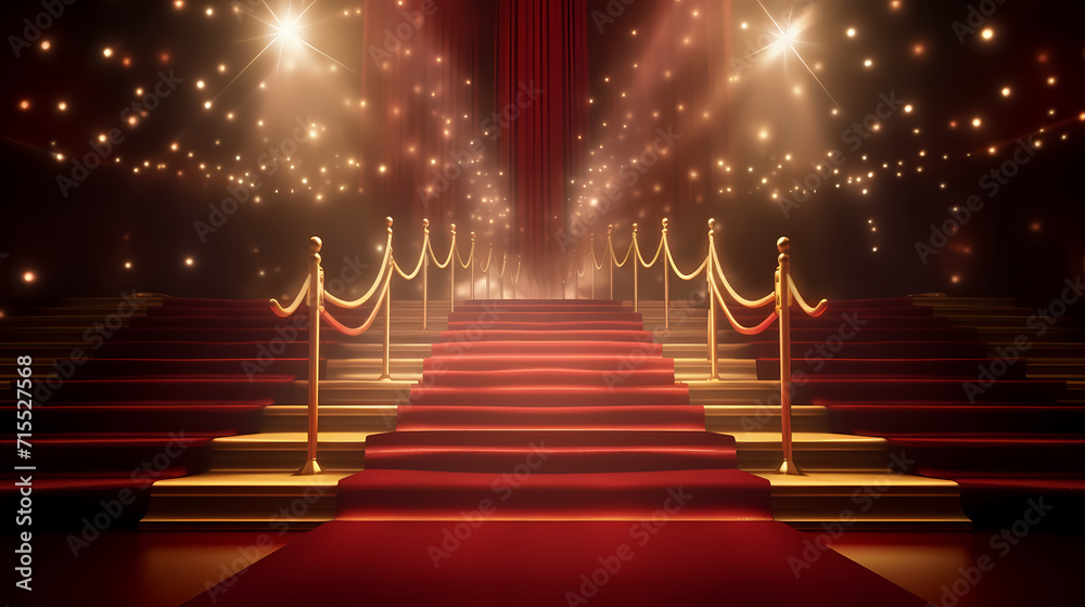Red carpet staircase with smoke and spotlights, holiday awards ceremony event Red carpet staircase with smoke and spotlights, holiday awards ceremony event