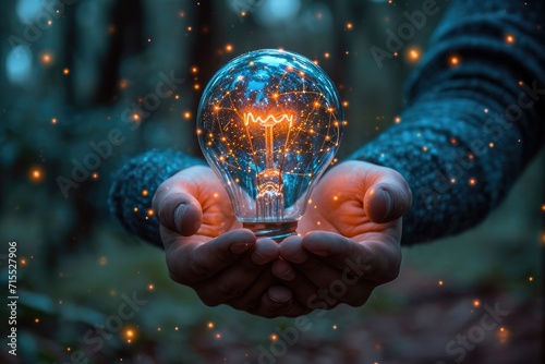 Development, industrial, and scientific fields; hands of a businessman holding a lightbulb and a brain with data network digital technology; innovation, new idea, creative, and inspiration concept. 