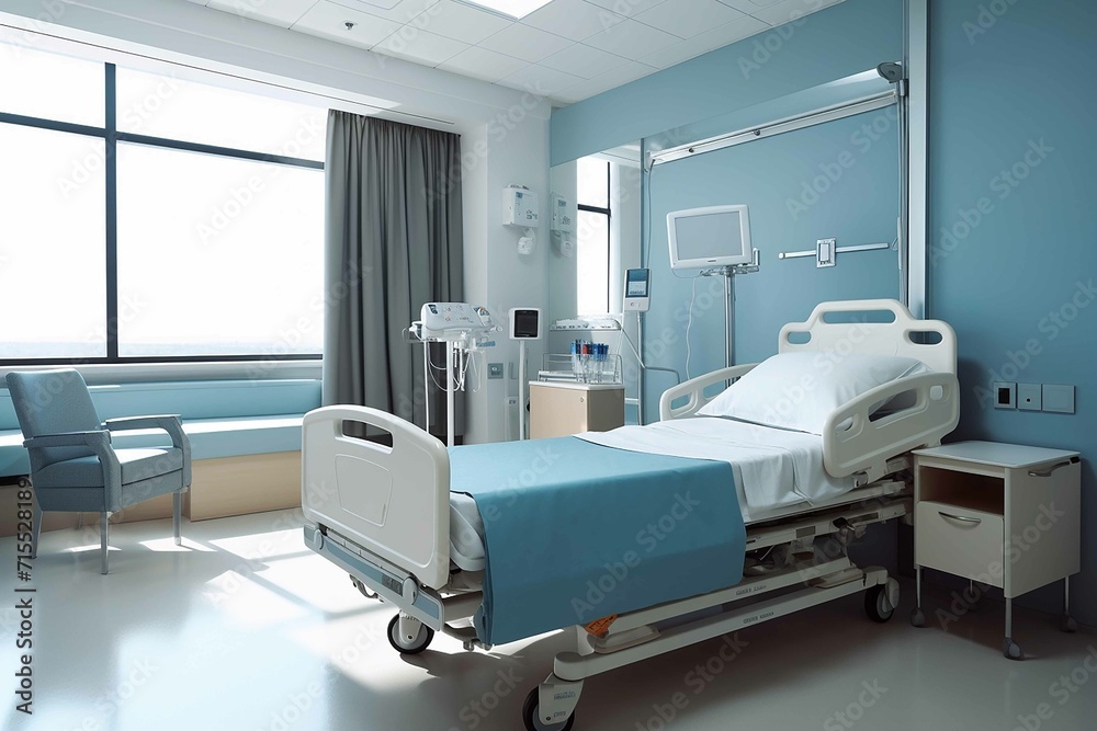 Clean modern hospital room with bed and other equipment healtcare conception