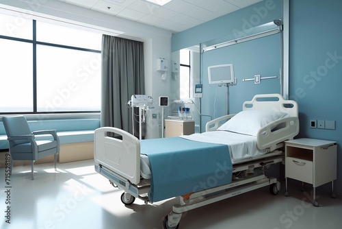 Clean modern hospital room with bed and other equipment healtcare conception