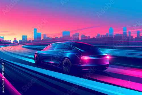 Vector illustration of smart autonomous driverless electric car driving on highway to downtown.  photo