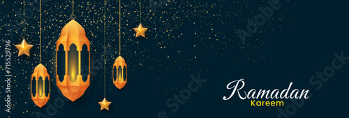 Ramadan Kareem banner design. Islamic celebration background with golden lanterns, star ornaments Vector illustration