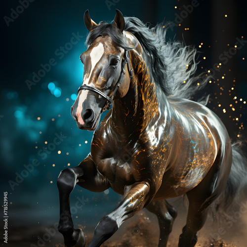 A horse in motion on a dark background