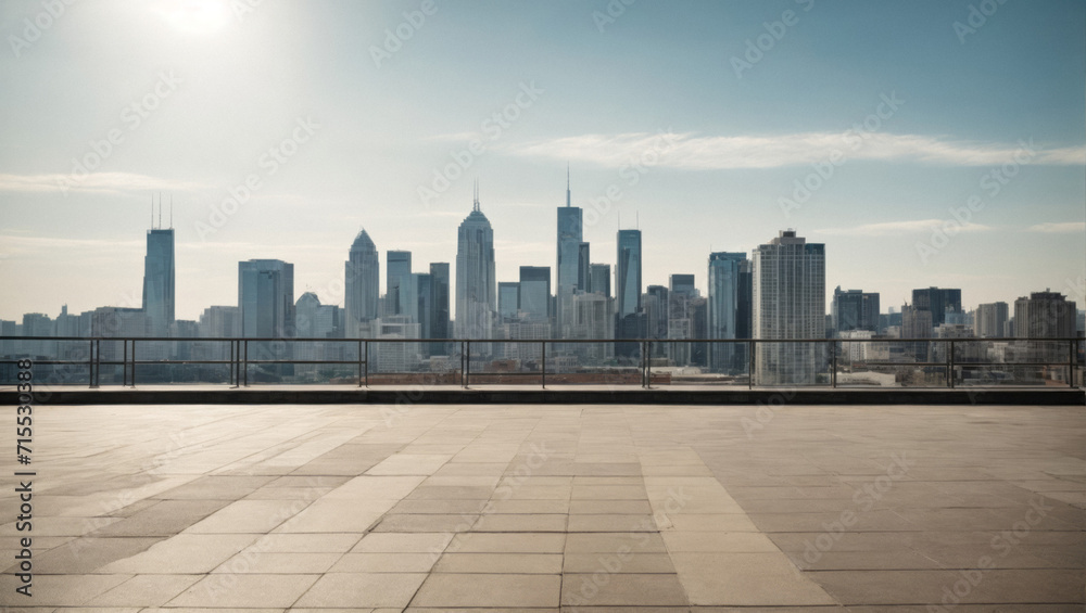 Empty loft style room with concrete floor and city skyscrapers view Empty loft style room with concrete floor and city skyscrapers view