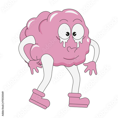 Cartoon brain character in trendy Rubber Hose style. Groovy sad brain isolated white background. Mental health emoticon. Vector illustration for  web medical design. Editable stroke EPS 10 
