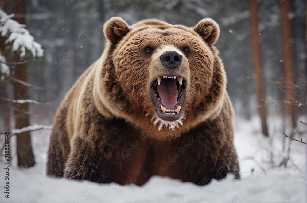 Wild Brown bear at the winter forest. Concept for greeting post cards, New Year and Christmas, calendars, stickers, animal protection. AI generated