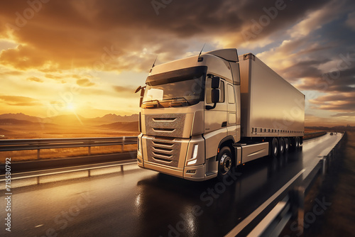 Semi trailer. Truck on the road, highway. Transports, logistics concept. 3d rendering. Truck with container on highway, cargo transportation concept. Shaving effect. © Farjana CF- 2969560