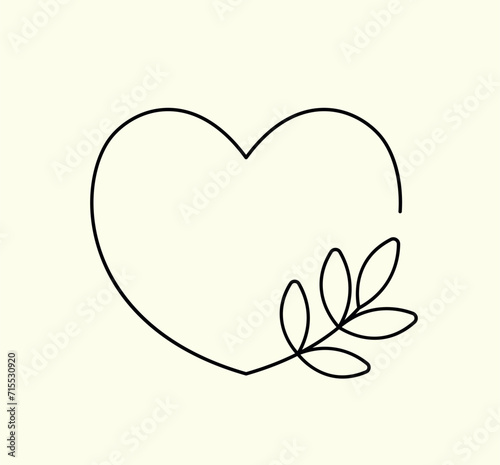 Minimalist linear heart shaped frame decorated with a small simple leaf. Graphic heart element with botanical decor in line art style for cart, logo, other design. Black and white vector illustration.