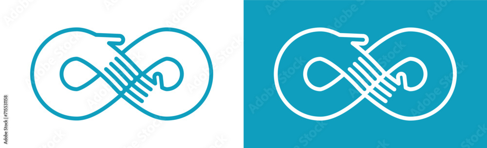 Human hands form an infinity symbol. Graphic design element, concept of teamwork, cooperation and interaction. Line art sign for logo, icon, emblem, other. Vector illustration in two colors. Human hands form an infinity symbol. Graphic design element, concept of teamwork, cooperation and interaction. Line art sign for logo, icon, emblem, other. Vector illustration in two colors.