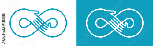Human hands form an infinity symbol. Graphic design element, concept of teamwork, cooperation and interaction. Line art sign for logo, icon, emblem, other. Vector illustration in two colors.