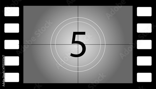 Old film countdown number 5. Flat, gray, number 5, old film countdown, retro film strip, cinematography design. Vector illustration