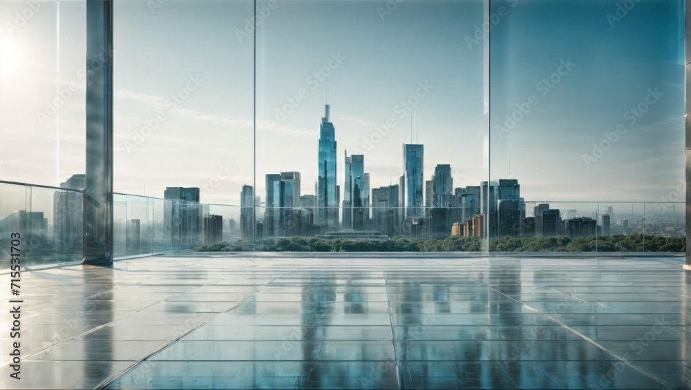 Empty loft style room with concrete floor and city skyscrapers view Empty loft style room with concrete floor and city skyscrapers view