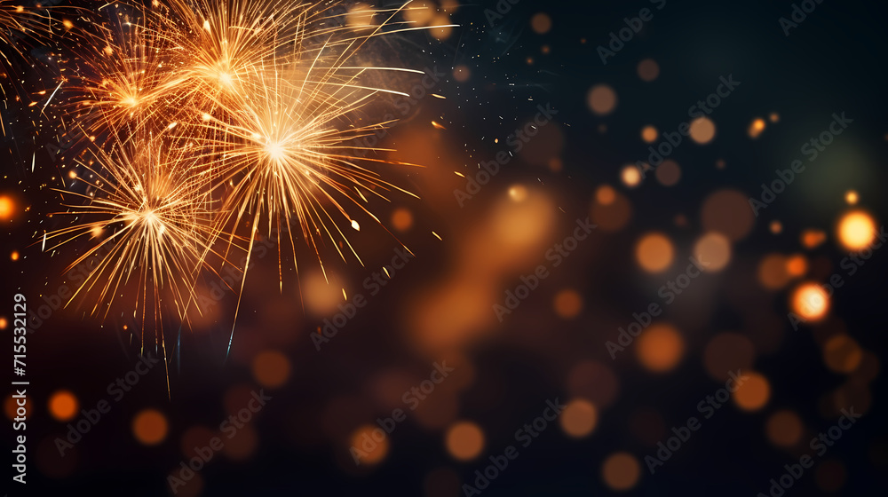 Naklejka premium Happy New Year, burning fireworks with bokeh light background