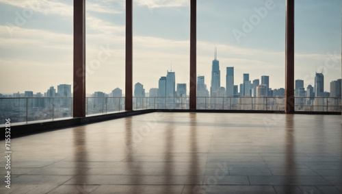 Empty loft style room with concrete floor and city skyscrapers view