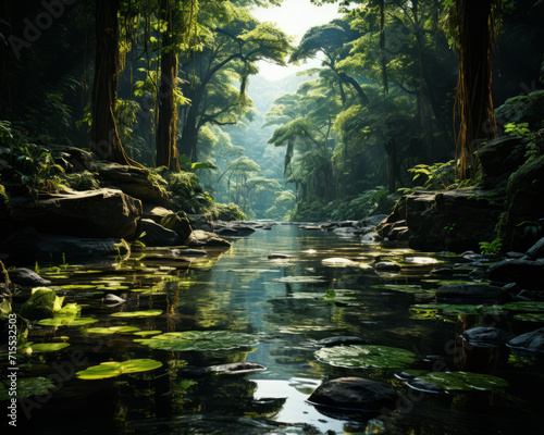 Natural Background: Lush Tropical Rainforest with Abundant Vegetation, Small Stream Adorned with Floating Water Plant Leaves. An Immersive Depiction of the Verdant Beauty of a Tropical Environment