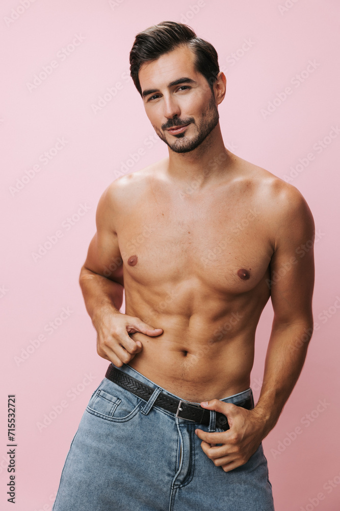 Man torso body holiday pink background lifestyle belt sexy sport naked muscle jeans muscular fitness Man torso body holiday pink background lifestyle belt sexy sport naked muscle jeans muscular fitness