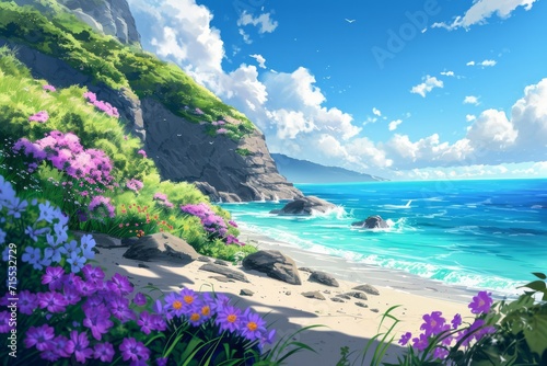 a wonderful scenery at a beach with flowers and hill, anime artwork. Generative AI
