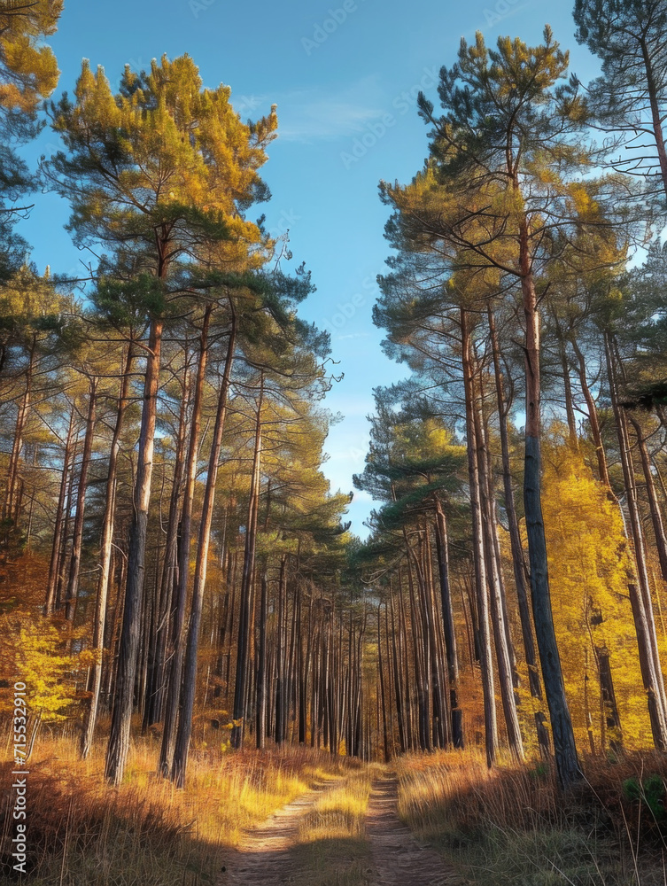 Obraz premium Pine forest under blue sky in autumn.