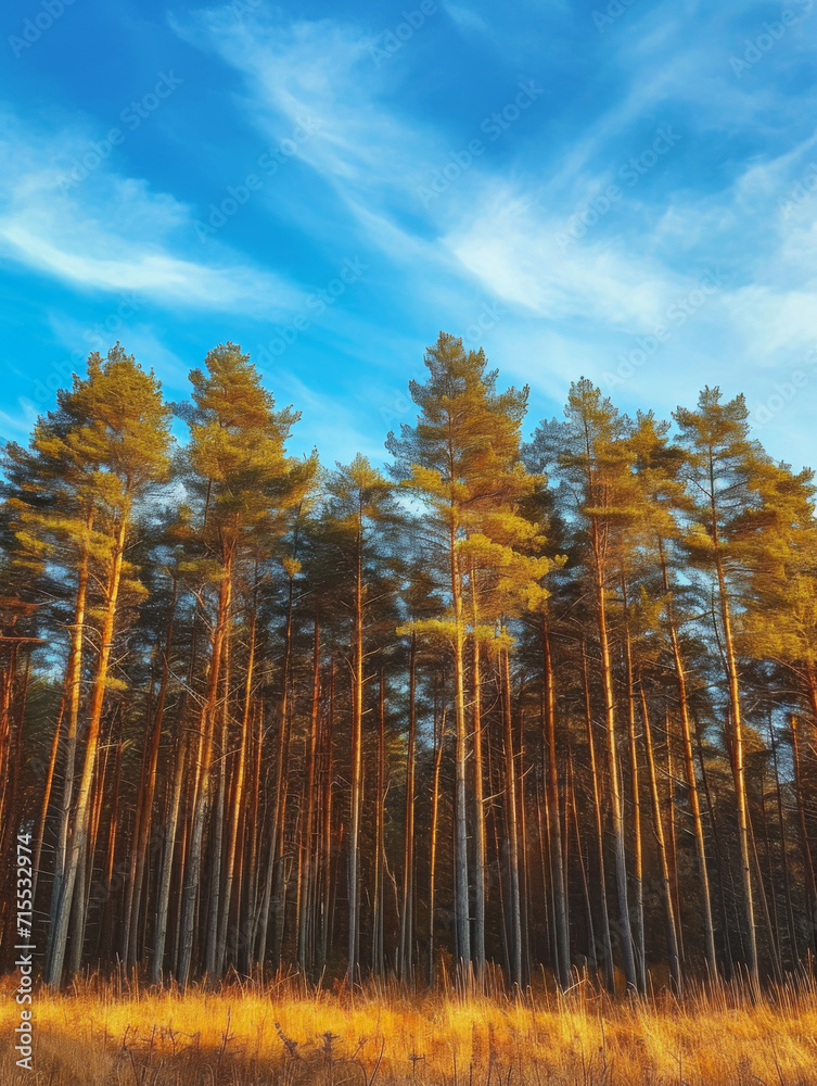 Fototapeta premium Pine forest under blue sky in autumn.