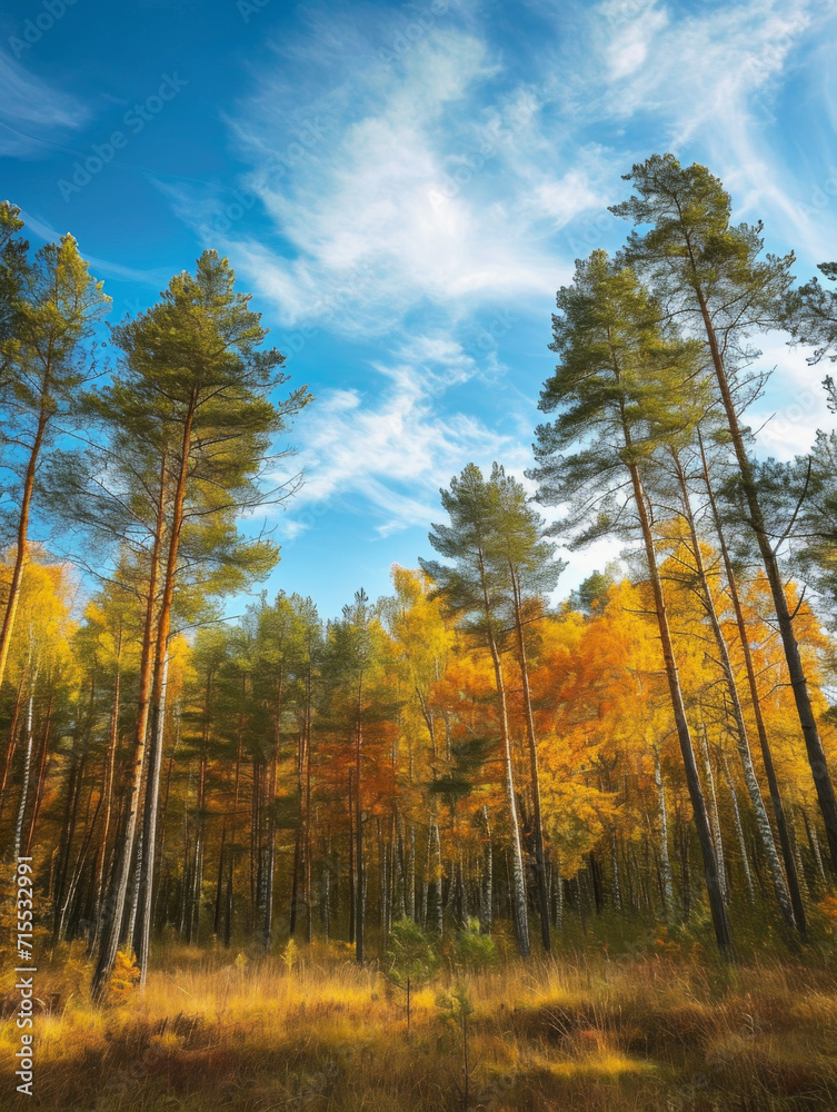 Fototapeta premium Pine forest under blue sky in autumn.