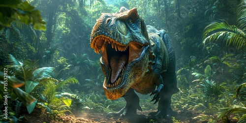 Primeval forest harbors a colossal, extinct predator—Tyrannosaurus Rex, a monstrous, carnivorous reptile from prehistoric times. © Andrii Zastrozhnov