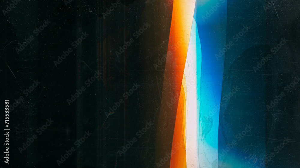 Broken display. Weathered texture. Blue orange rainbow color glowing glitch noise dust scratches damaged glass dark black illustration abstract background. - obrazy, fototapety, plakaty 