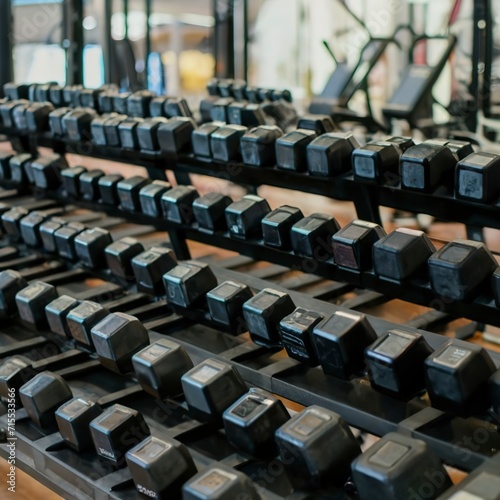 Black dumbbell set. Close up many rubberized dumbbells on rack in sport fitness center