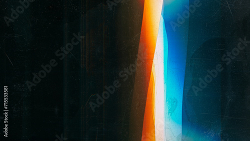 Broken display. Weathered texture. Blue orange rainbow color glowing glitch noise dust scratches damaged glass dark black illustration abstract background.