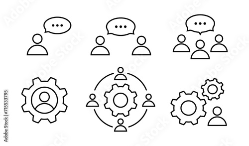 Discussion, brainstorming and process line icon set in flat. Talking people, man in process with cog and meeting symbols. Simple abstract icons. Vector illustration for graphic design, web, mobile, ui