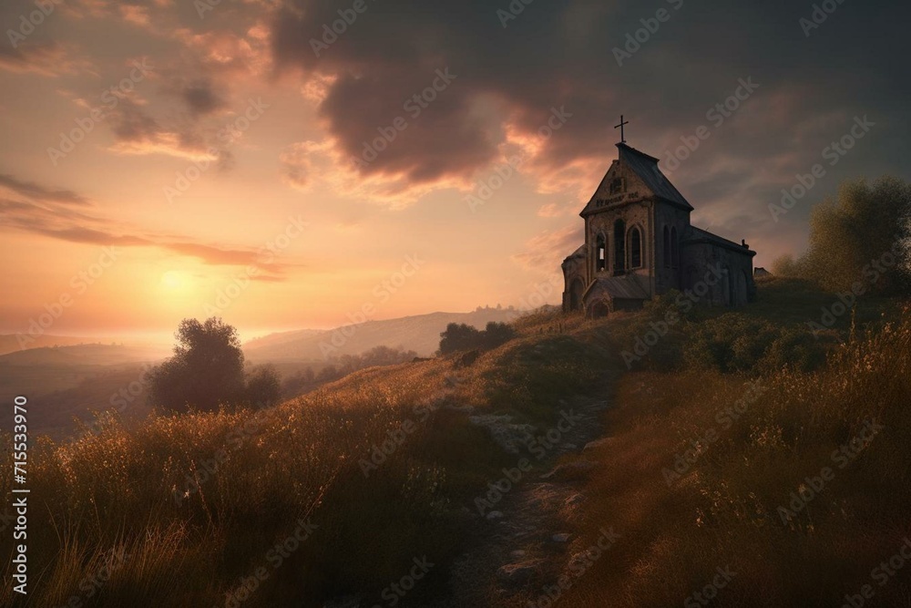 Abandoned church on a hill in rustic landscape during dawn. Computer-generated representation. Generative AI