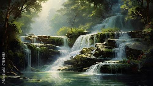 Beautiful waterfall at nature 3d illustrated,,