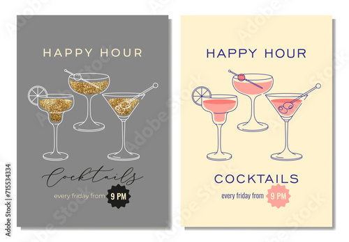 Modern flat happy hour cocktails prints set. Colorful background with cocktail glasses. Cafe, bar and restaurant concept poster and web banner. Vector illustrations.