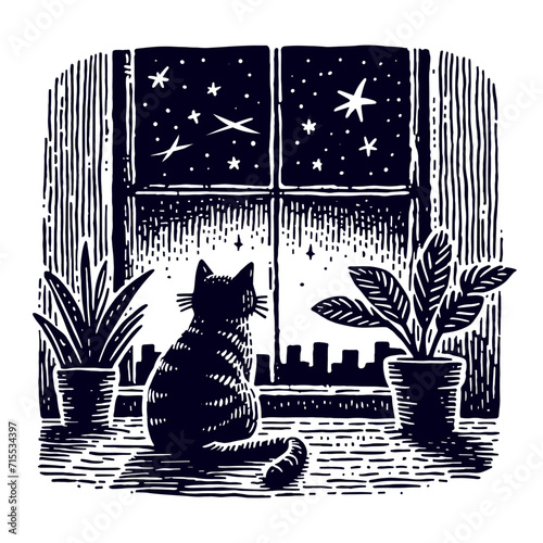 cat on the windowsill looking out the window illustration