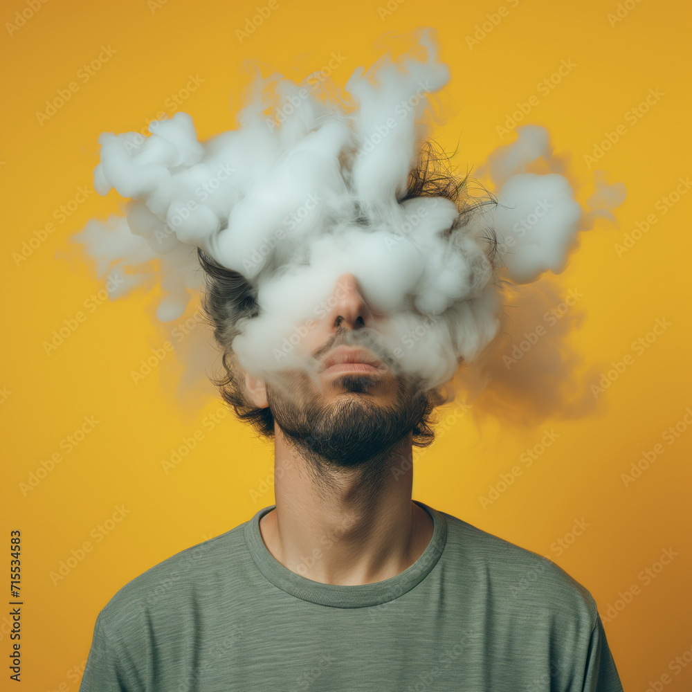 man with cloud covering his face. generated by ai background