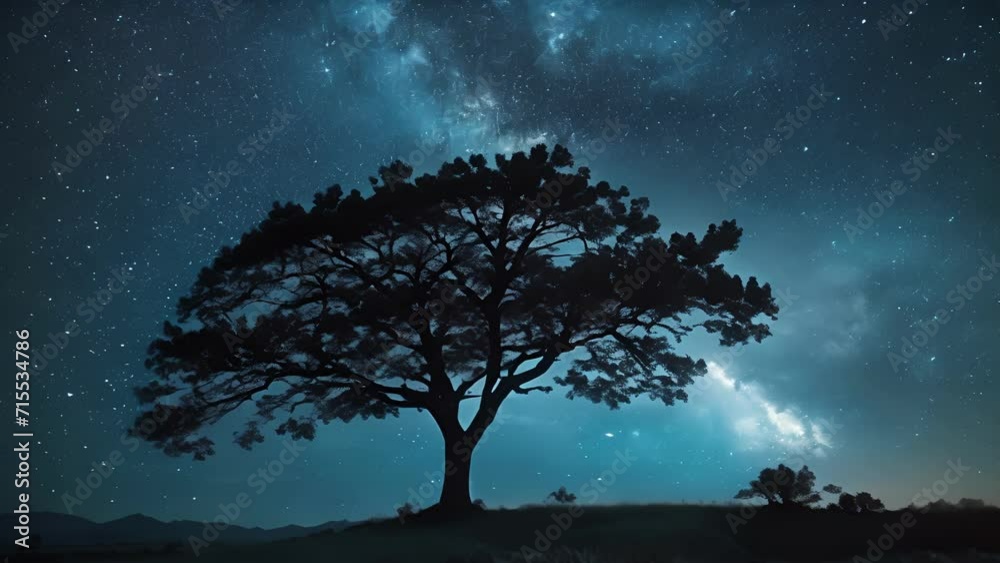 The silhouette of a lone tree against a backdrop of ling stars, providing a peaceful setting for contemplation. The silhouette of a lone tree against a backdrop of ling stars, providing a peaceful setting for contemplation.