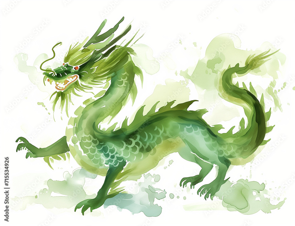 Obraz premium 辰（たつ・竜・龍・ドラゴン）の水彩イラスト、手書き、リアル、横長