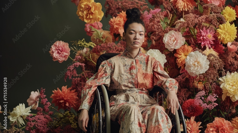 Fototapeta premium Diversity in fashion for disabled individuals. Young fashionable male disabled person on wheelchair, style and inclusivity concept.