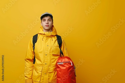 Young courier with thermos bag on color background, space for text. Food delivery service