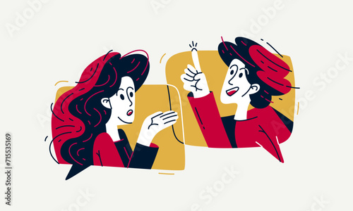 Couple of young people having conversation online via messenger, vector illustration of two people arguing and having communication, debate online speech boxes.